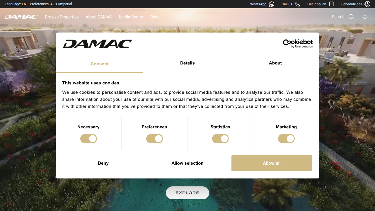 DAMAC Properties' official website, featuring their modern villa communities and branded partnerships.