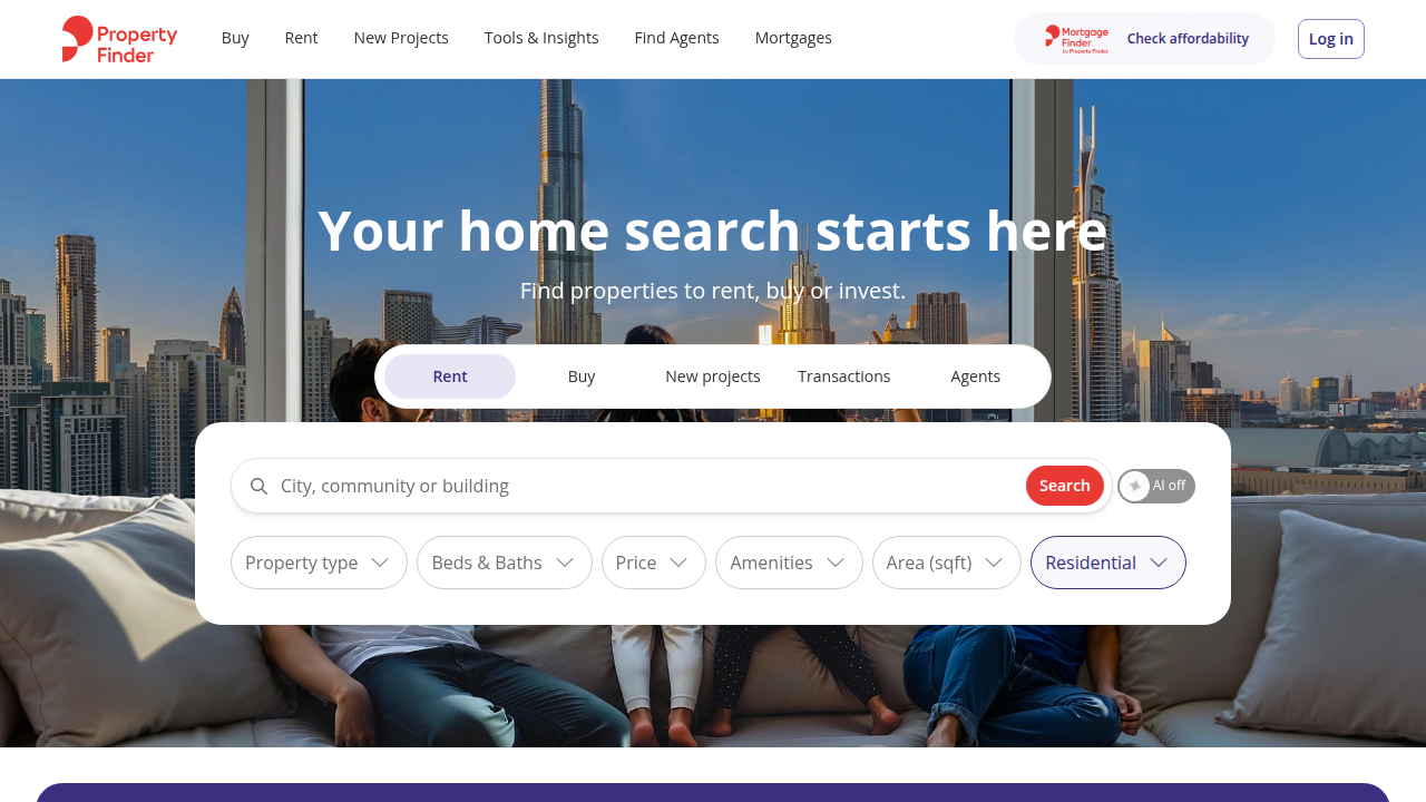 The homepage of PropertyFinder, a leading portal for luxury property listings in Dubai.
