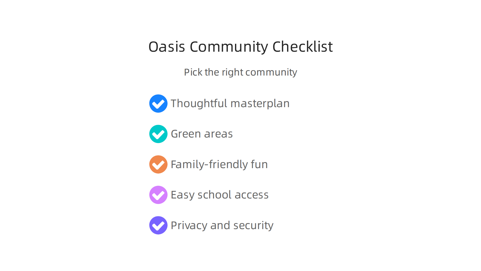 A checklist outlining key features to look for when identifying authentic 'oasis-style' and family-focused villa communities in Dubai.