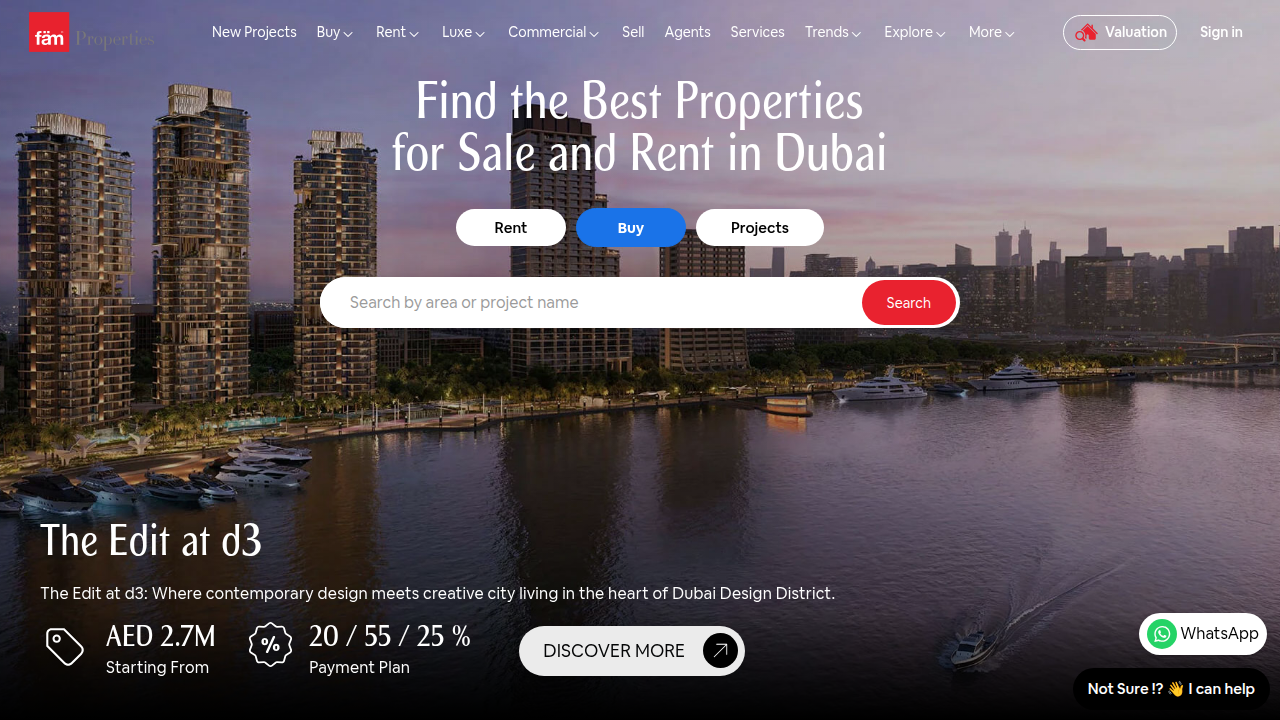 Screenshot of Fam Properties website, a key resource for Dubai real estate market reports and insights.