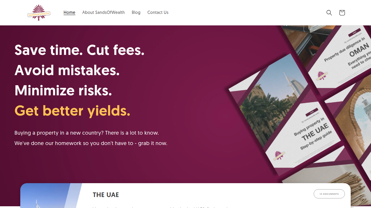 Screenshot of the Sands Of Wealth website, a source for financial insights and rental yield data in Dubai.