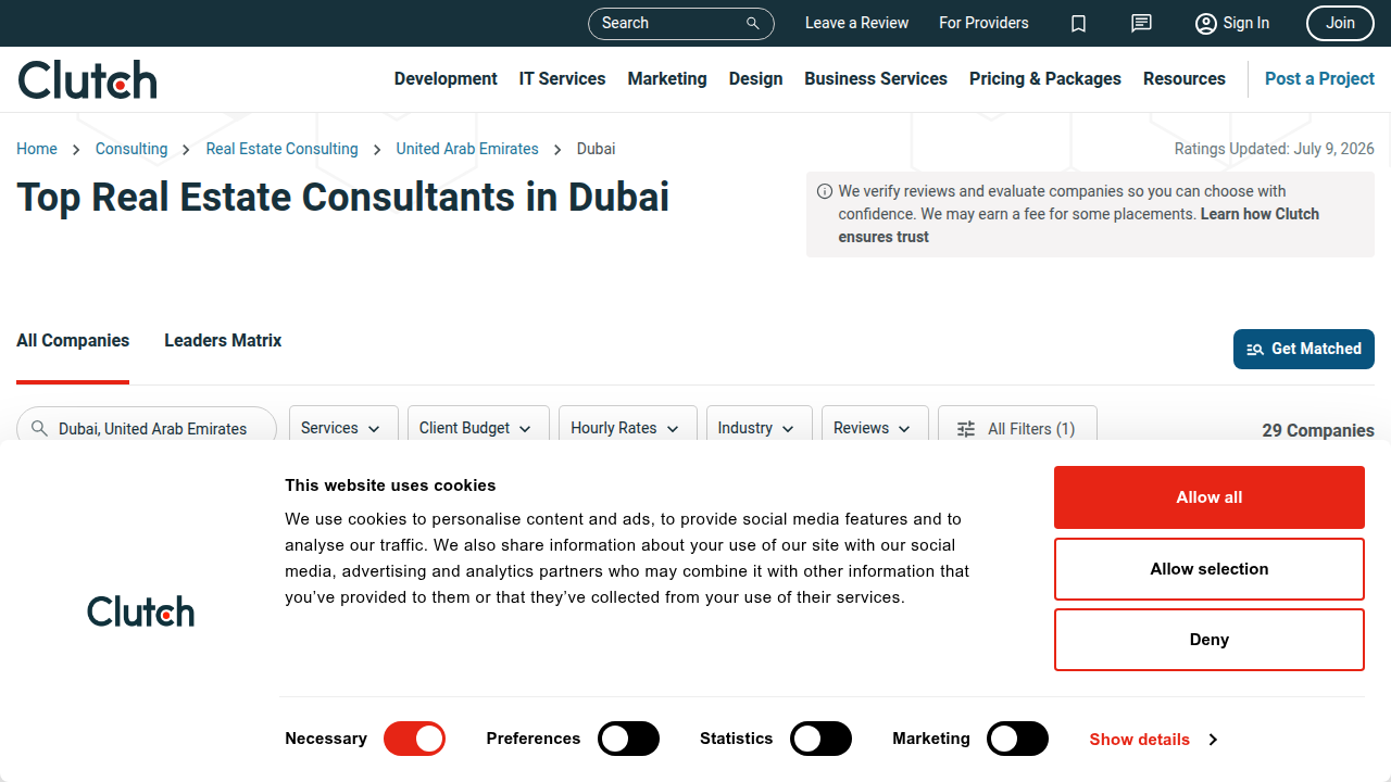 An overview of Clutch's rankings for top real estate consultants in Dubai, based on client reviews and industry expertise.