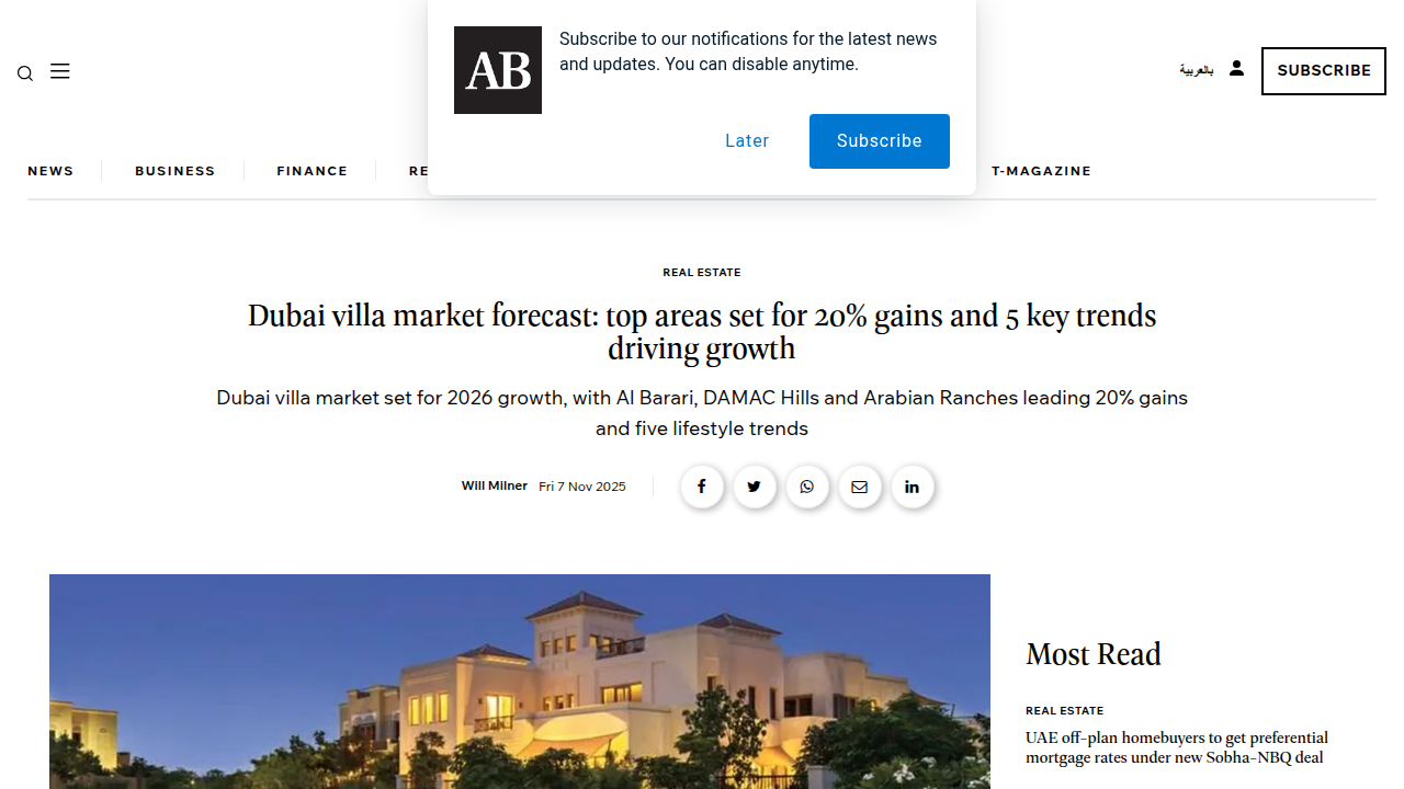 Article on Arabian Business detailing the Dubai villa market forecast, highlighting areas for significant gains.