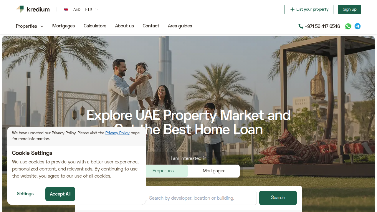 Kredium's website, a platform offering real estate insights and services in the UAE.