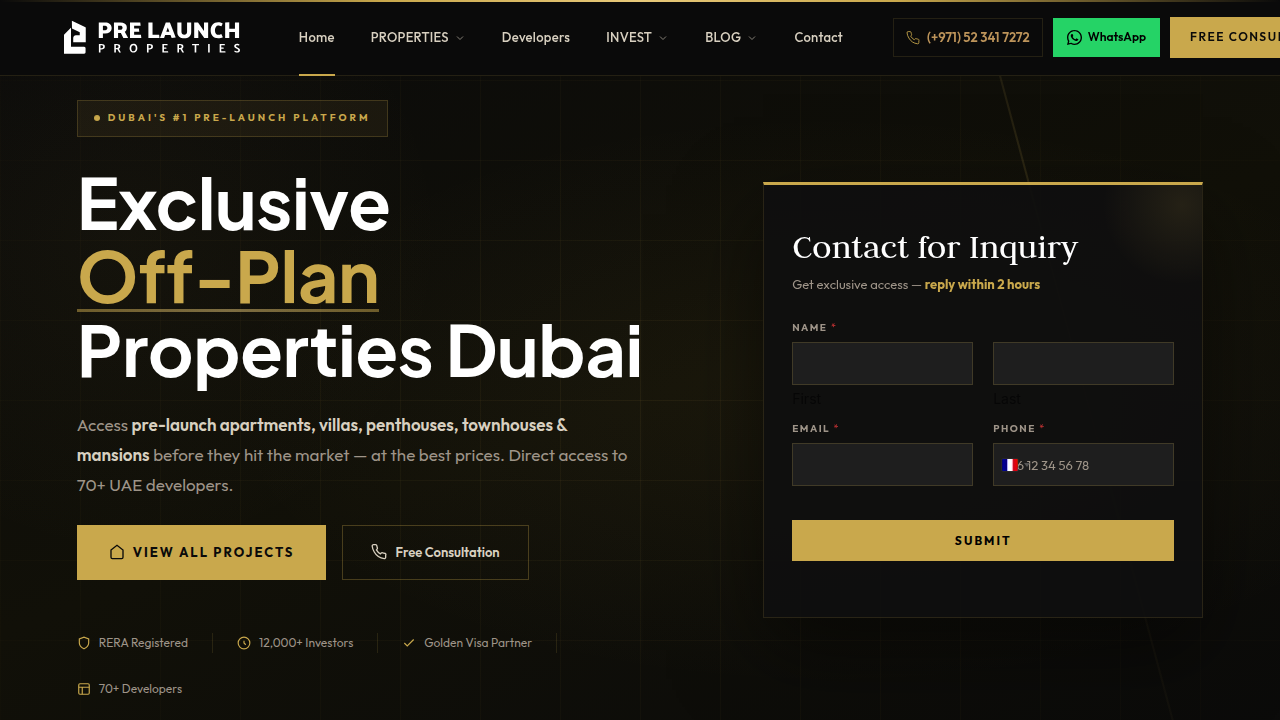 Screenshot of the Prelaunch.ae homepage, a platform relevant to Dubai real estate market insights.