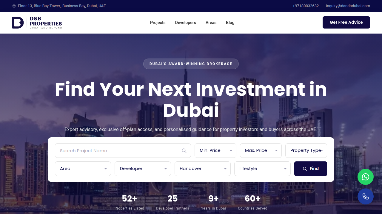 D&B Dubai's real estate website, offering market insights and property services.