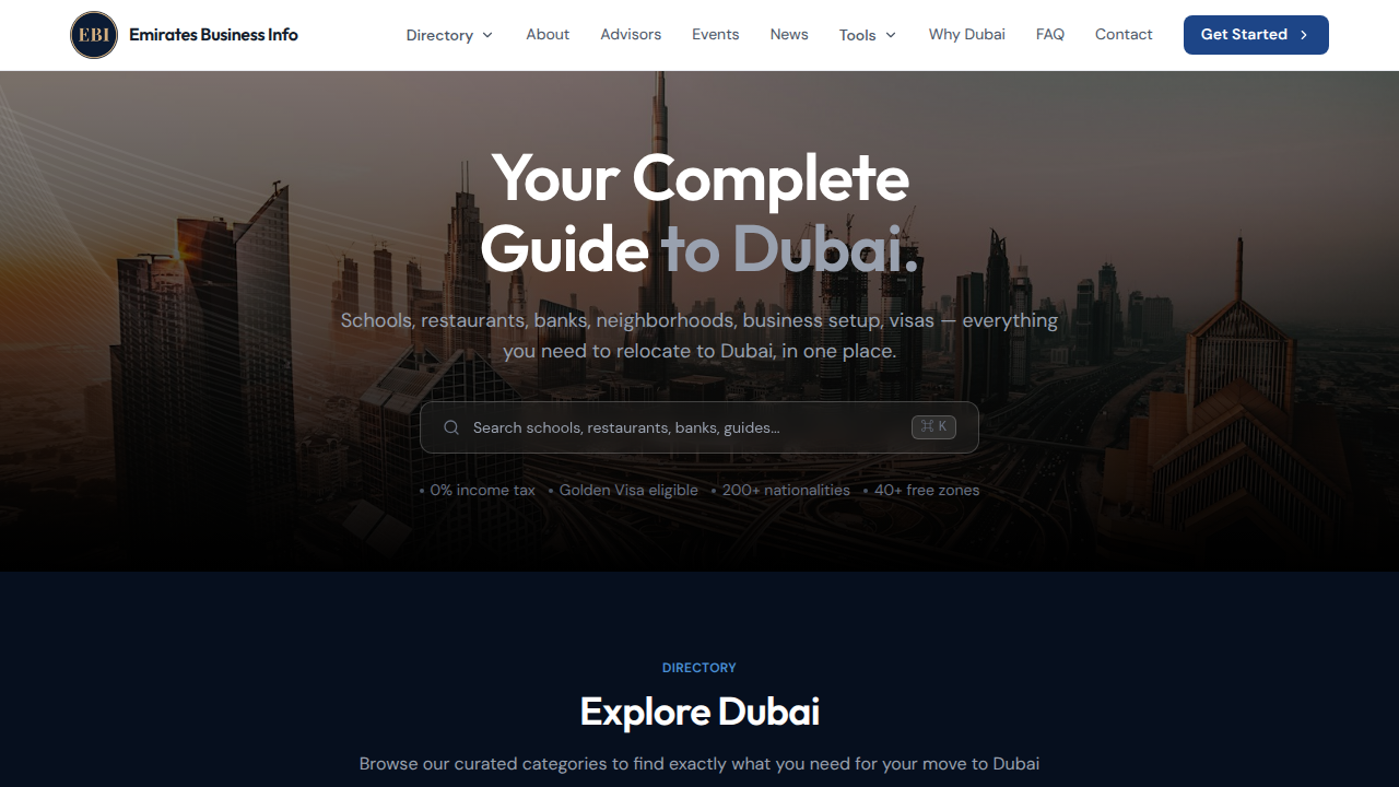 Screenshot of Emirates Business Info homepage, a source for Dubai's ultra-luxury market reports.