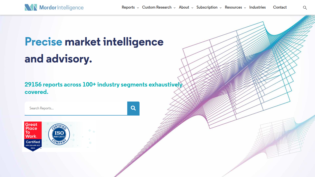 Screenshot of Mordor Intelligence homepage, featuring market research and industry reports.