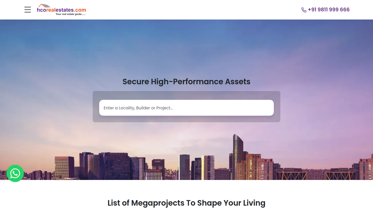 Screenshot of HCREalestates homepage, showcasing Emaar properties and luxury villas in Dubai.