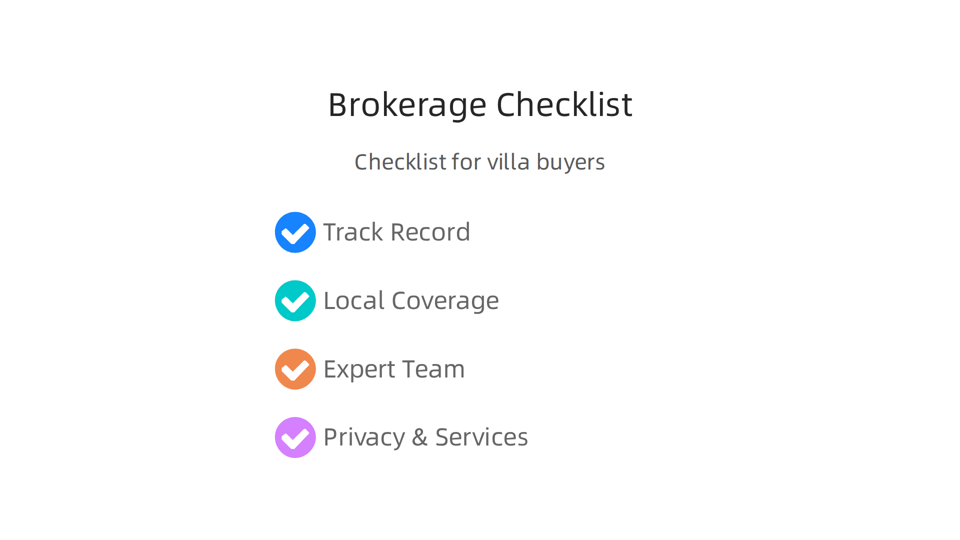A checklist outlining essential criteria for villa buyers and investors to consider when choosing a real estate brokerage in Dubai.