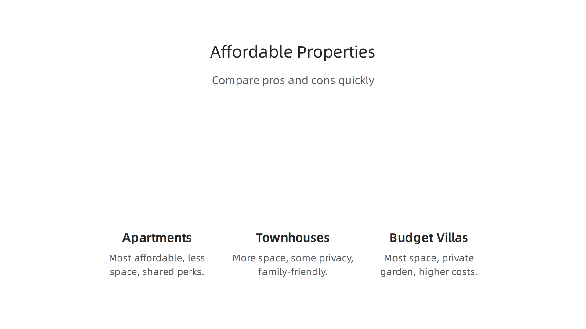Compare the pros and cons of apartments, townhouses, and budget villas in Dubai.